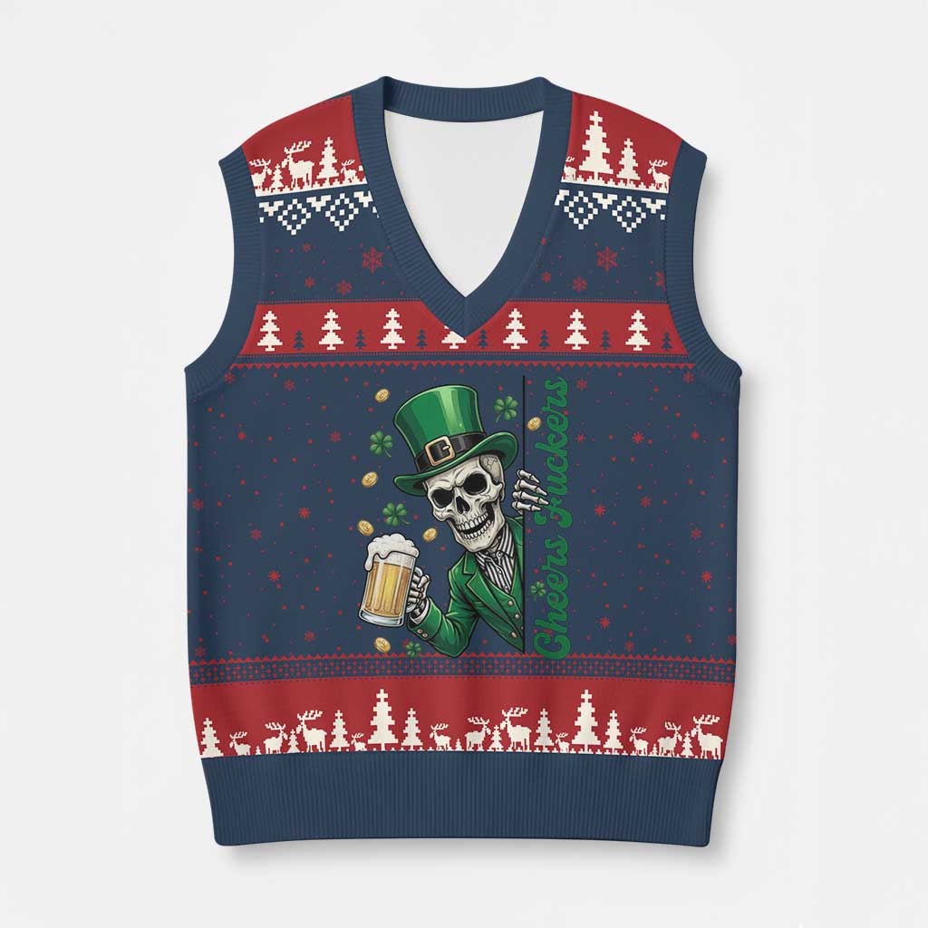 Cheers Fuckers St Patricks Day V-Neck Knit Sweater Vest Funny Skeleton Drinking Beer