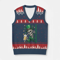 Cheers Fuckers St Patricks Day V-Neck Knit Sweater Vest Funny Skeleton Drinking Beer