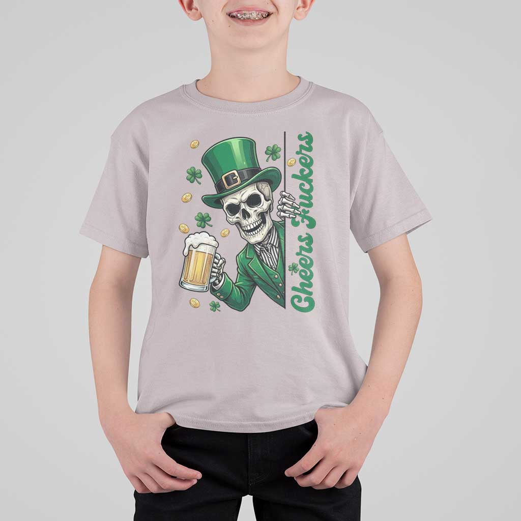 Cheers Fuckers St Patricks Day T Shirt For Kid Funny Skeleton Drinking Beer
