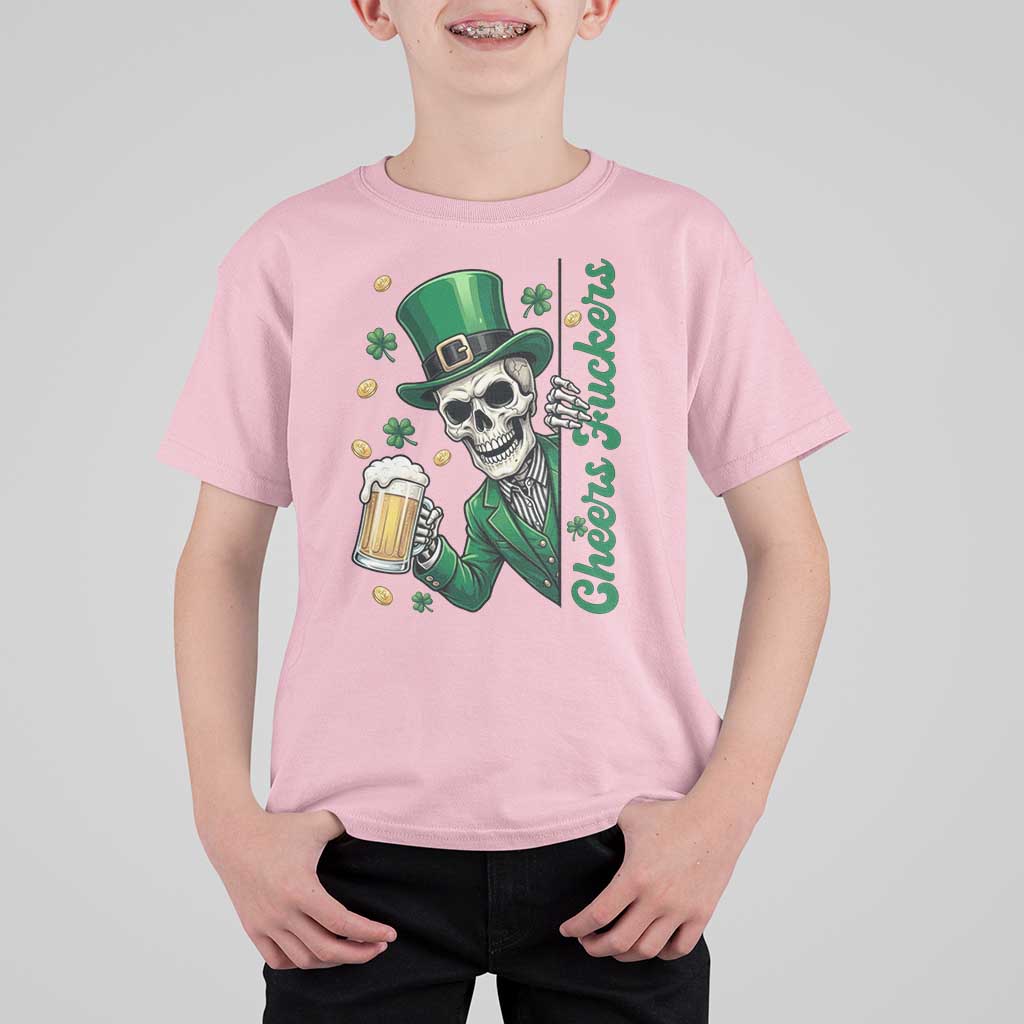 Cheers Fuckers St Patricks Day T Shirt For Kid Funny Skeleton Drinking Beer