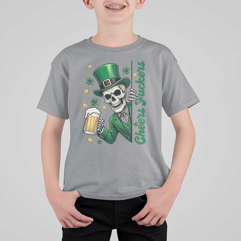Cheers Fuckers St Patricks Day T Shirt For Kid Funny Skeleton Drinking Beer