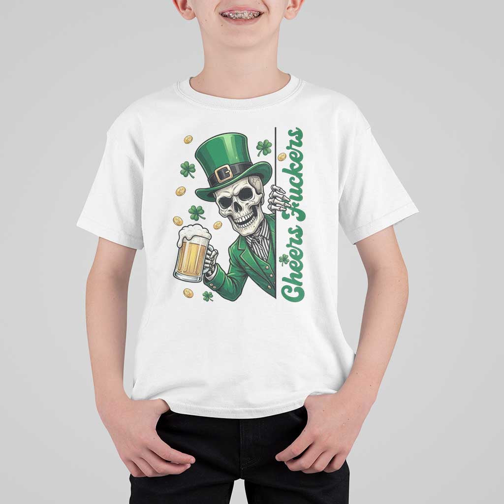 Cheers Fuckers St Patricks Day T Shirt For Kid Funny Skeleton Drinking Beer