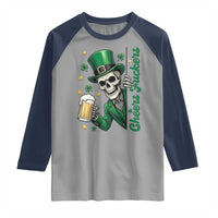 Cheers Fuckers St Patricks Day Raglan Shirt Funny Skeleton Drinking Beer