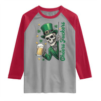 Cheers Fuckers St Patricks Day Raglan Shirt Funny Skeleton Drinking Beer