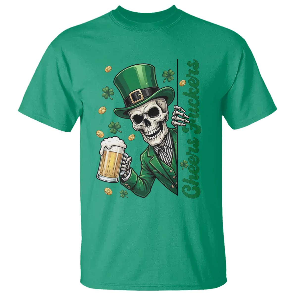 Cheers Fuckers St Patricks Day T Shirt Funny Skeleton Drinking Beer
