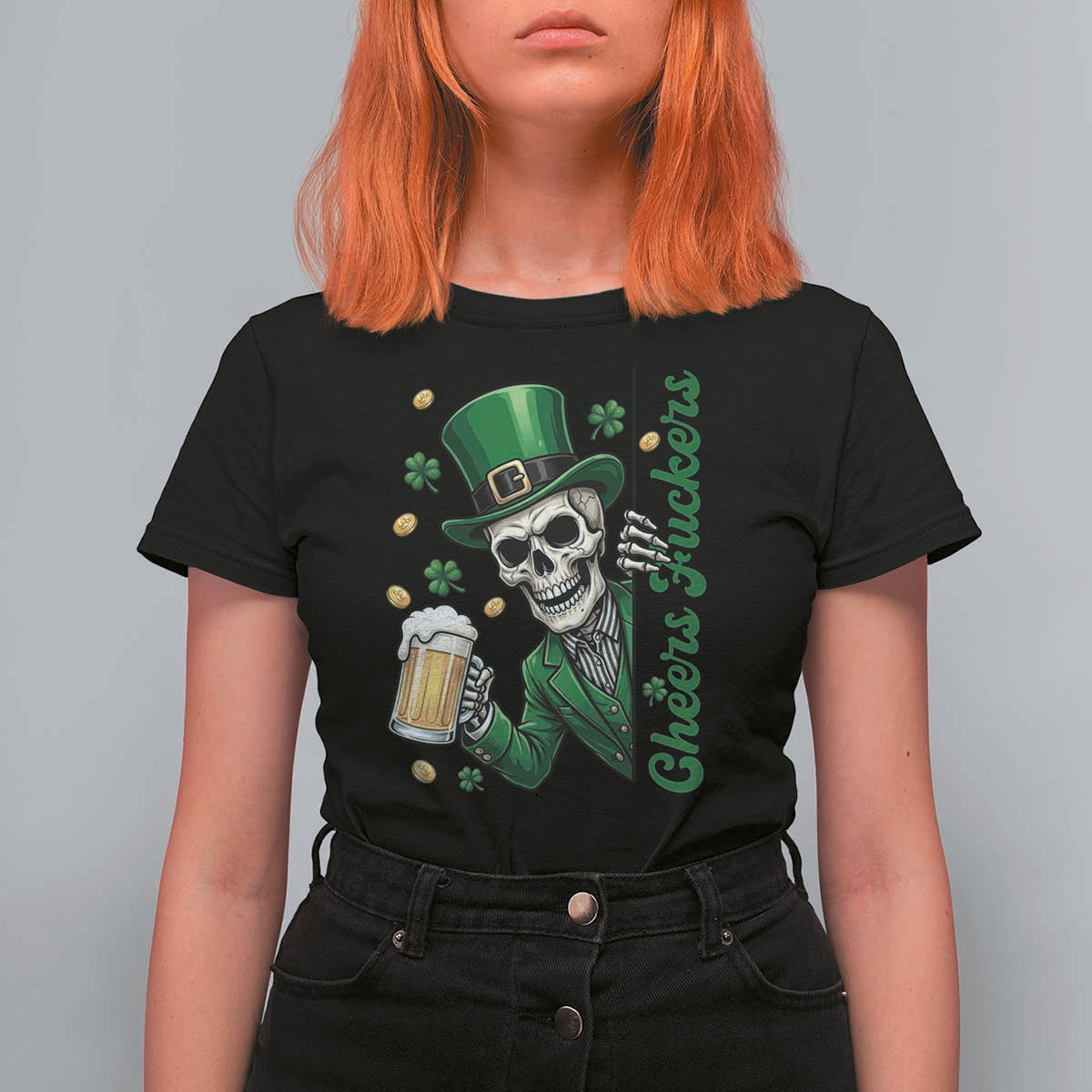 Cheers Fuckers St Patricks Day T Shirt For Women Funny Skeleton Drinking Beer