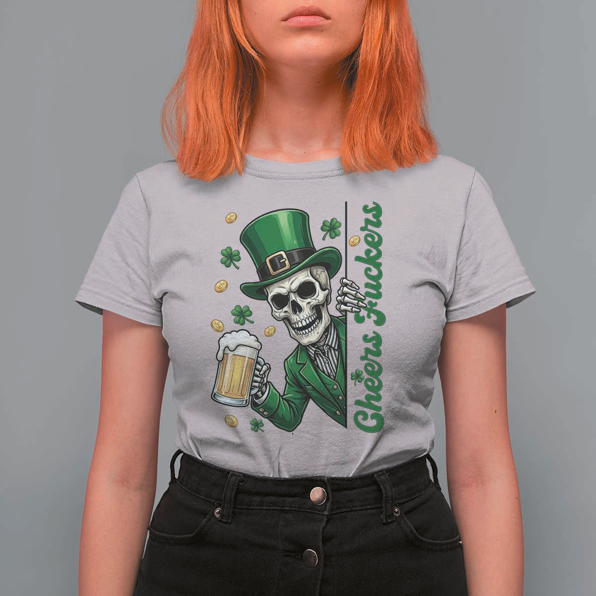 Cheers Fuckers St Patricks Day T Shirt For Women Funny Skeleton Drinking Beer