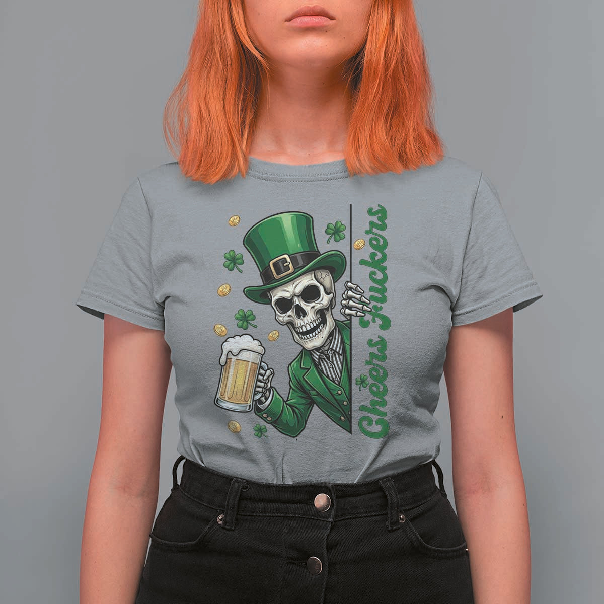 Cheers Fuckers St Patricks Day T Shirt For Women Funny Skeleton Drinking Beer