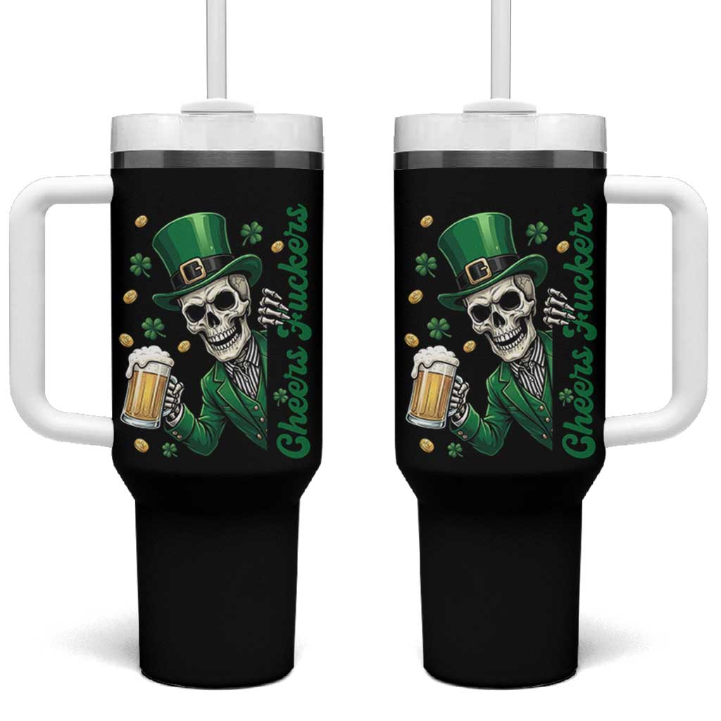 Cheers Fuckers St Patricks Day Tumbler With Handle Funny Skeleton Drinking Beer