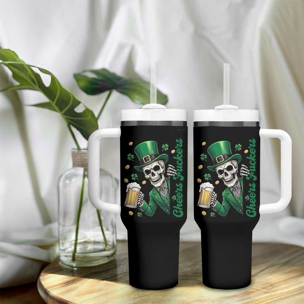 Cheers Fuckers St Patricks Day Tumbler With Handle Funny Skeleton Drinking Beer