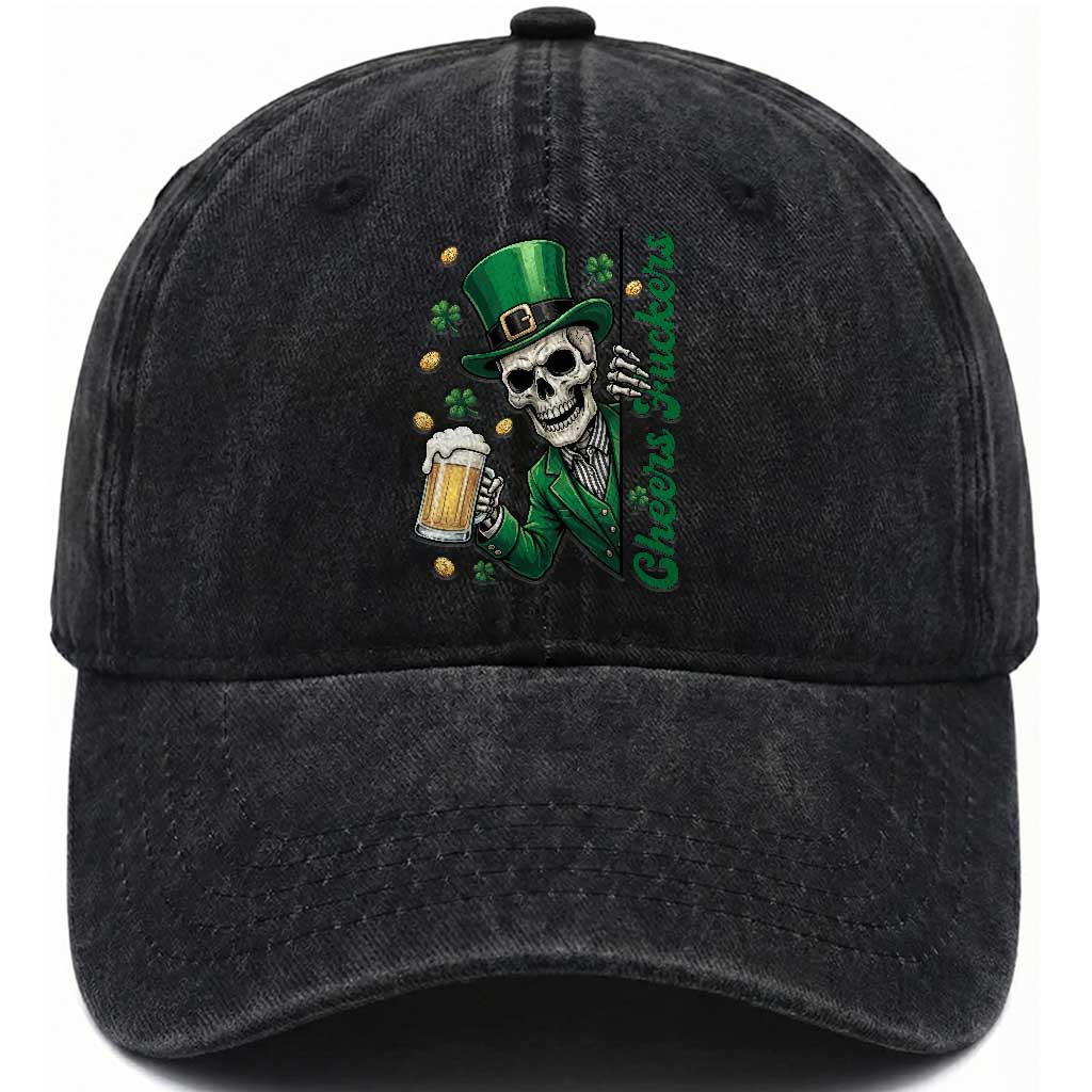 Cheers Fuckers St Patricks Day Washed Cotton Baseball Cap Funny Skeleton Drinking Beer