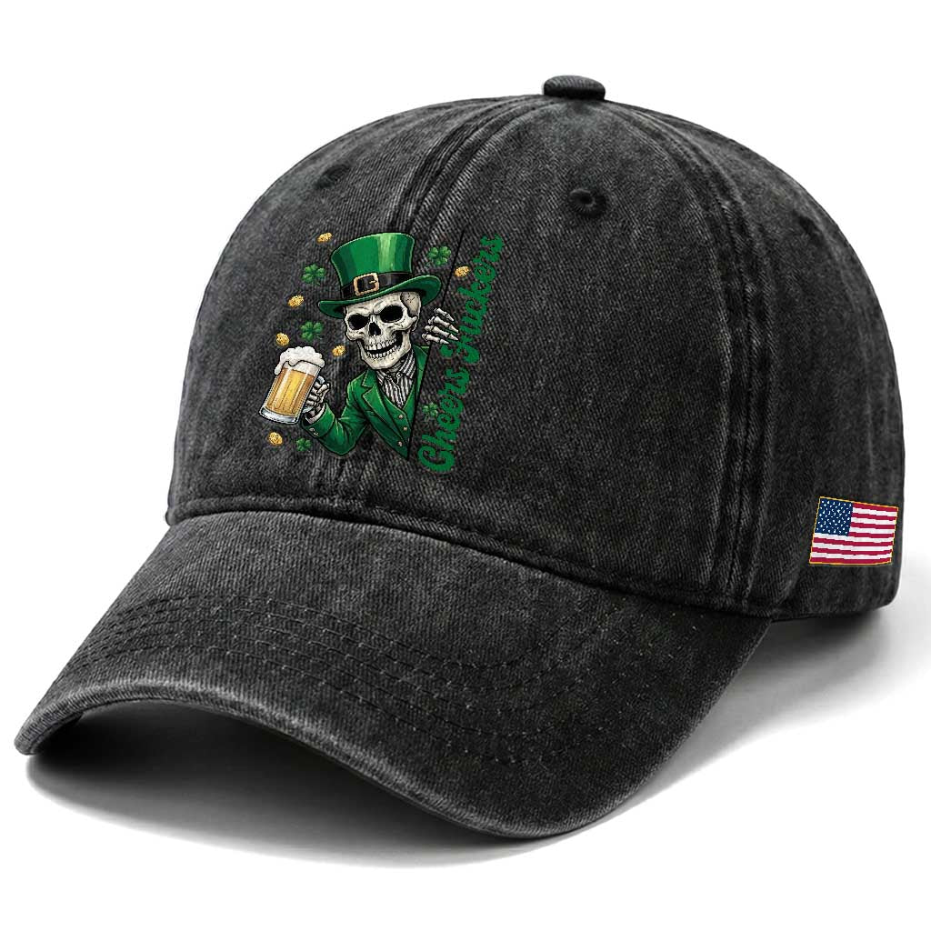 Cheers Fuckers St Patricks Day Washed Cotton Baseball Cap Funny Skeleton Drinking Beer