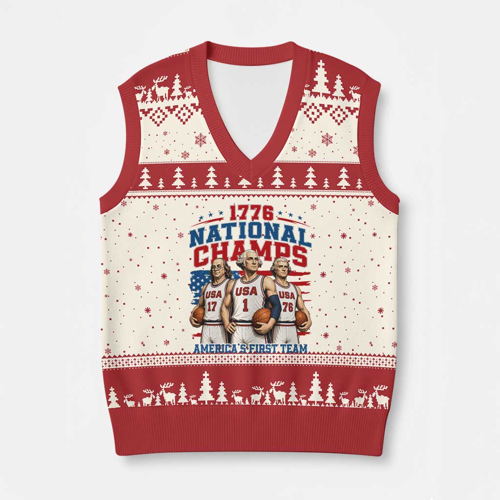 1776 National Champs V-Neck Knit Sweater Vest Patriotic Founding Fathers Basketball Undefeated America