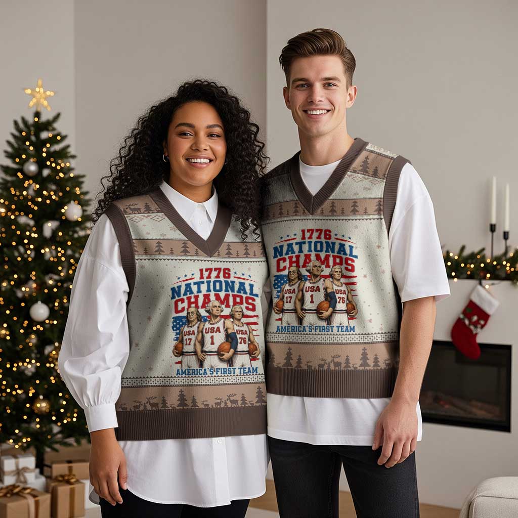 1776 National Champs V-Neck Knit Sweater Vest Patriotic Founding Fathers Basketball Undefeated America
