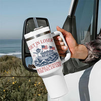 Get In Loser We’re Crossing The Delaware Tumbler With Handle Funny Raccoon Meme 4th of July