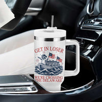 Get In Loser We’re Crossing The Delaware Tumbler With Handle Funny Raccoon Meme 4th of July
