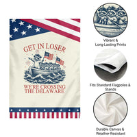 Get In Loser We’re Crossing The Delaware Patriotic Garden Flag Funny Raccoon Meme 4th of July