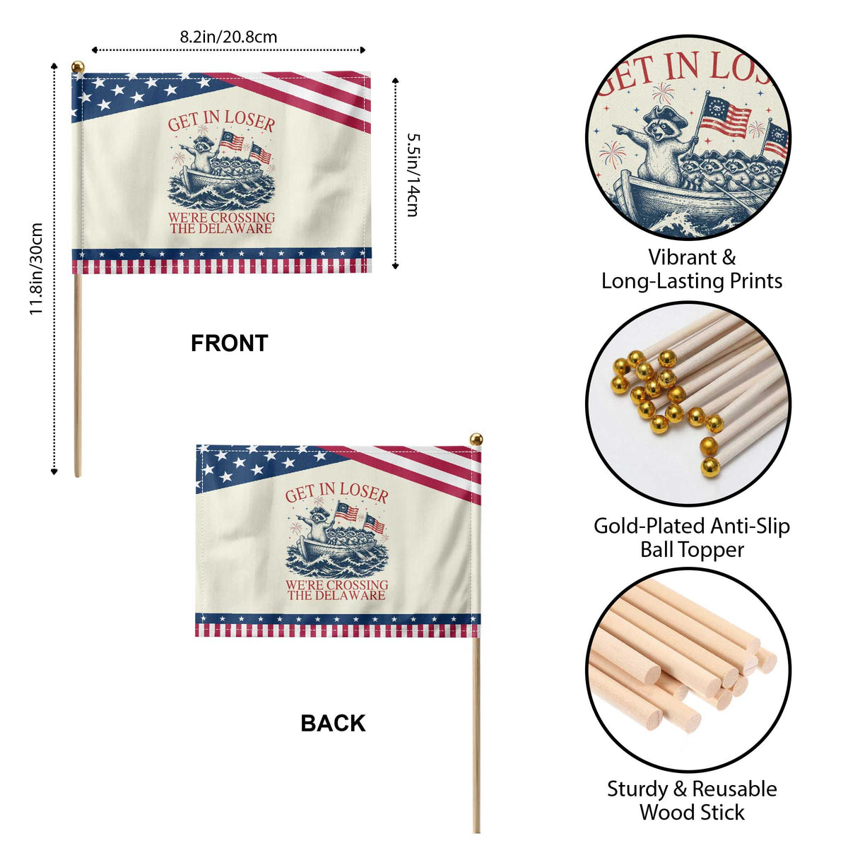 Get In Loser We’re Crossing The Delaware Patriotic Handheld Flag Funny Raccoon Meme 4th of July