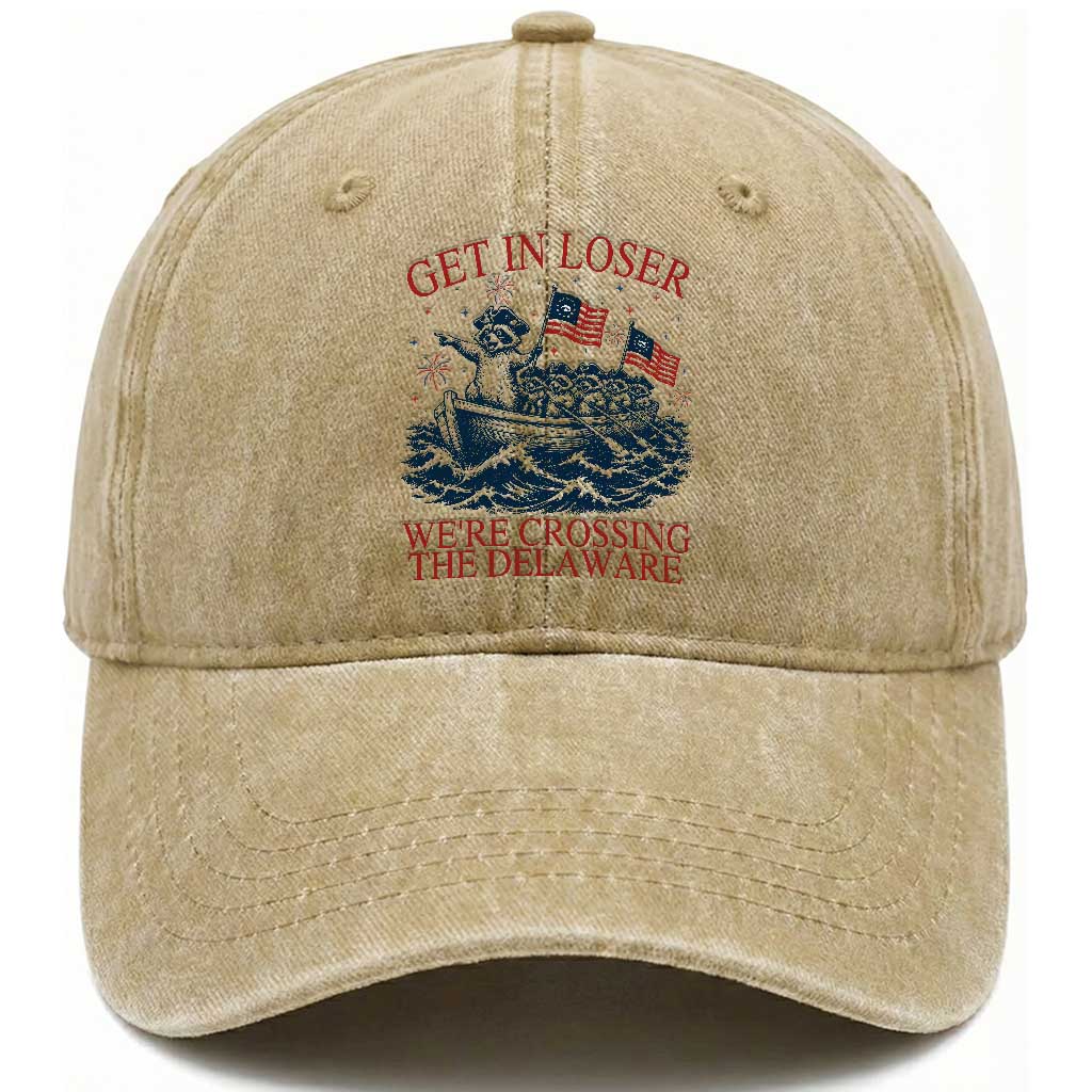 Get In Loser We’re Crossing The Delaware Washed Cotton Baseball Cap Funny Raccoon Meme 4th of July