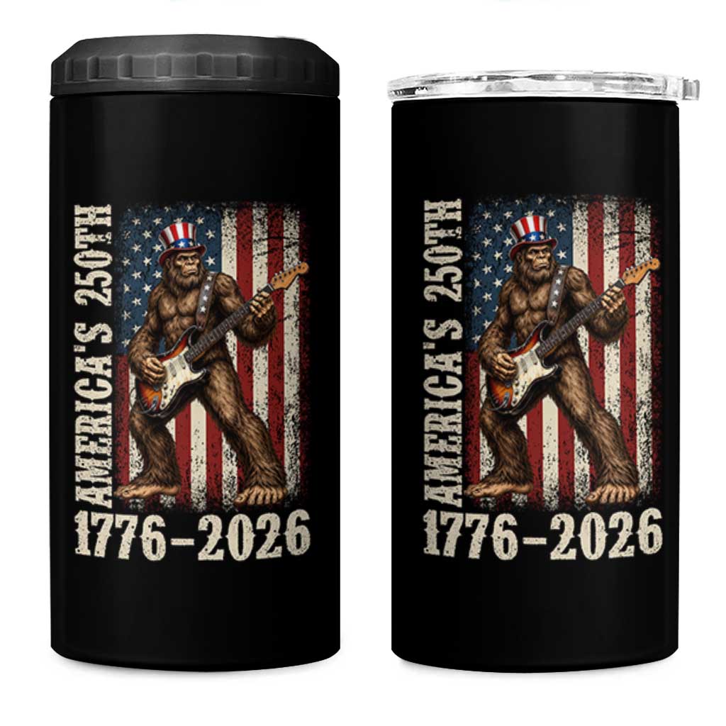 250 Years America Anniversary 4 in 1 Can Cooler Tumbler Patriotic Bigfoot Playing Guitar 4th Of July