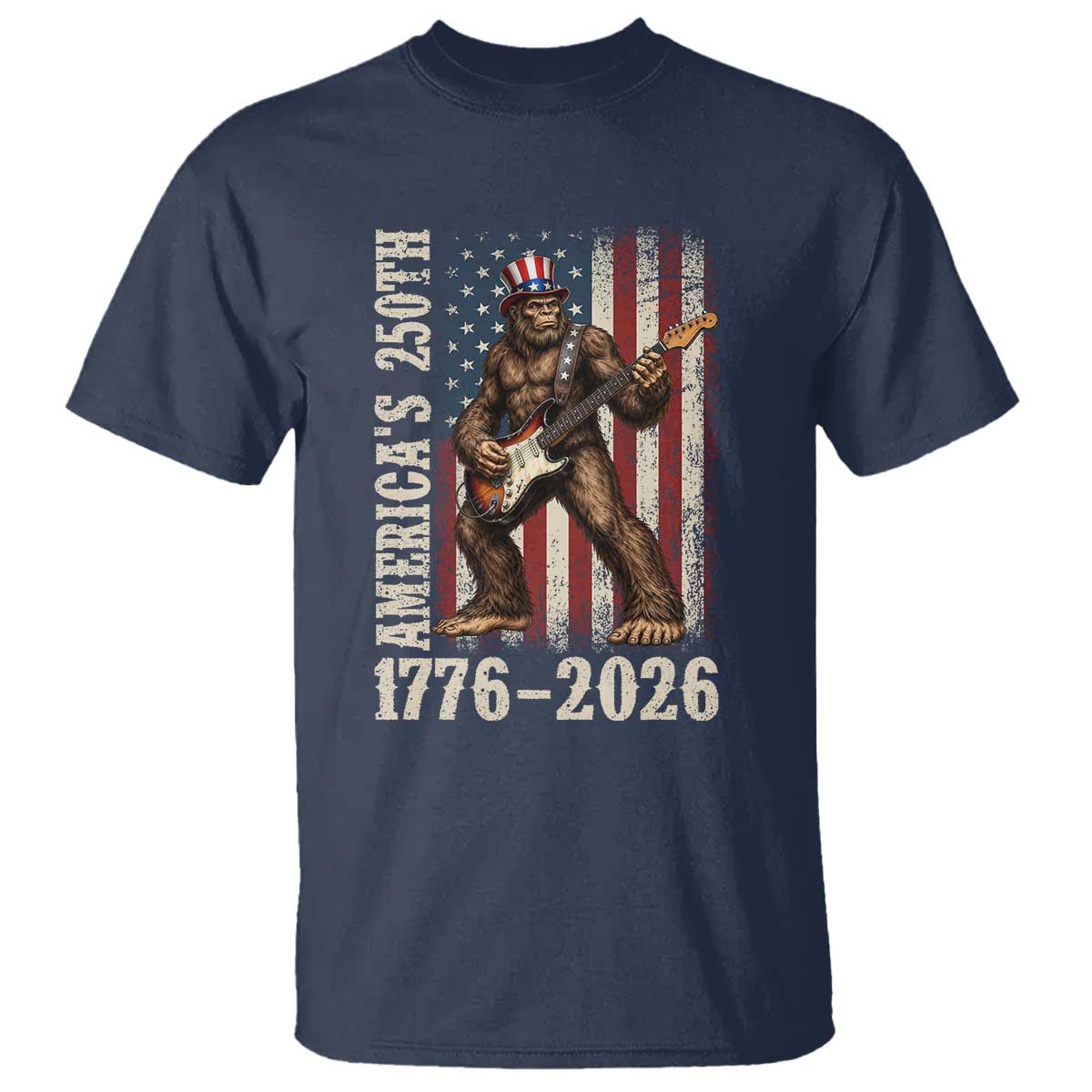 250 Years America Anniversary T Shirt Patriotic Bigfoot Playing Guitar 4th Of July