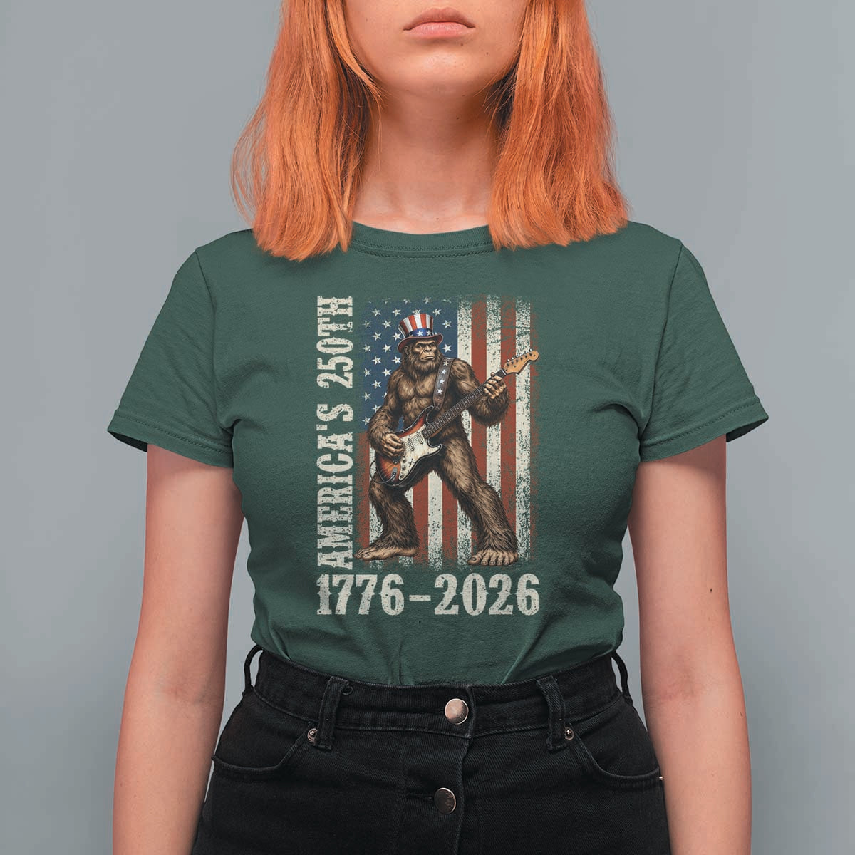 250 Years America Anniversary T Shirt For Women Patriotic Bigfoot Playing Guitar 4th Of July