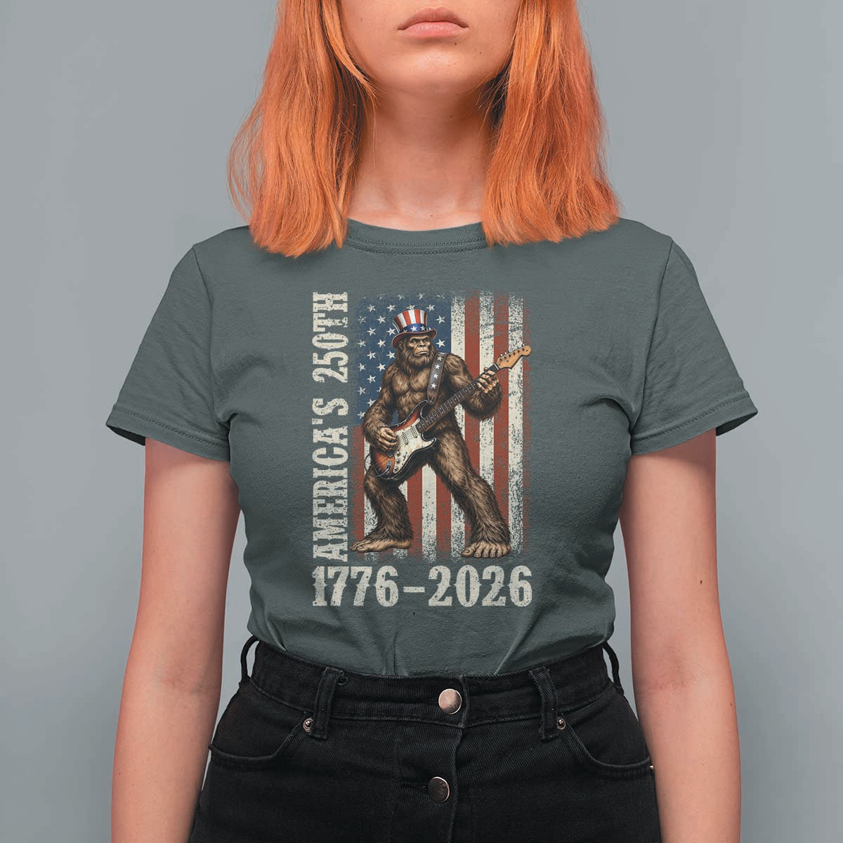 250 Years America Anniversary T Shirt For Women Patriotic Bigfoot Playing Guitar 4th Of July