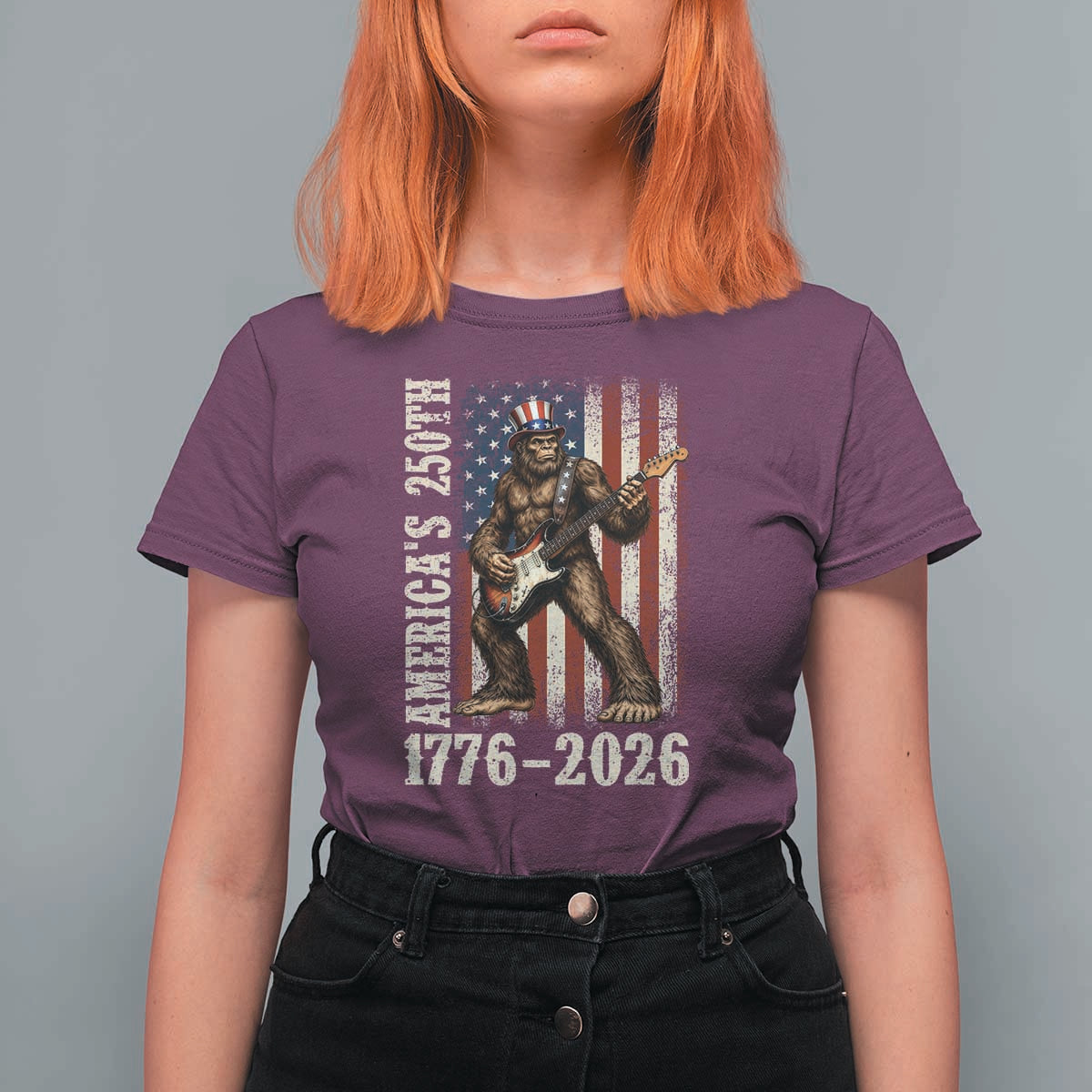 250 Years America Anniversary T Shirt For Women Patriotic Bigfoot Playing Guitar 4th Of July