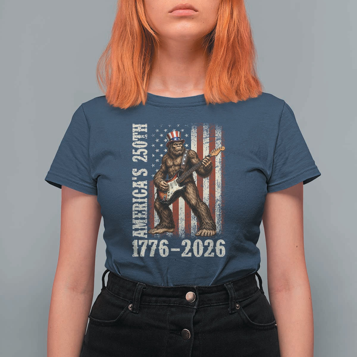 250 Years America Anniversary T Shirt For Women Patriotic Bigfoot Playing Guitar 4th Of July