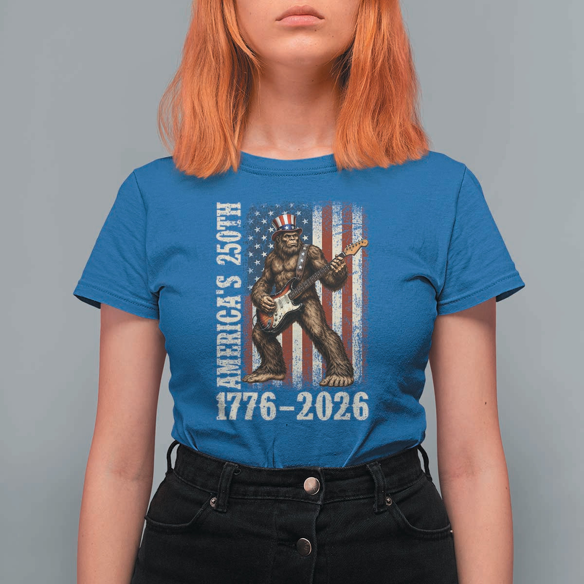 250 Years America Anniversary T Shirt For Women Patriotic Bigfoot Playing Guitar 4th Of July
