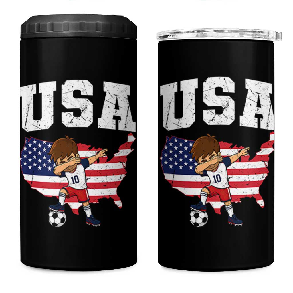 USA Soccer Dabbing Boy American Flag Fan 4 in 1 Can Cooler Tumbler