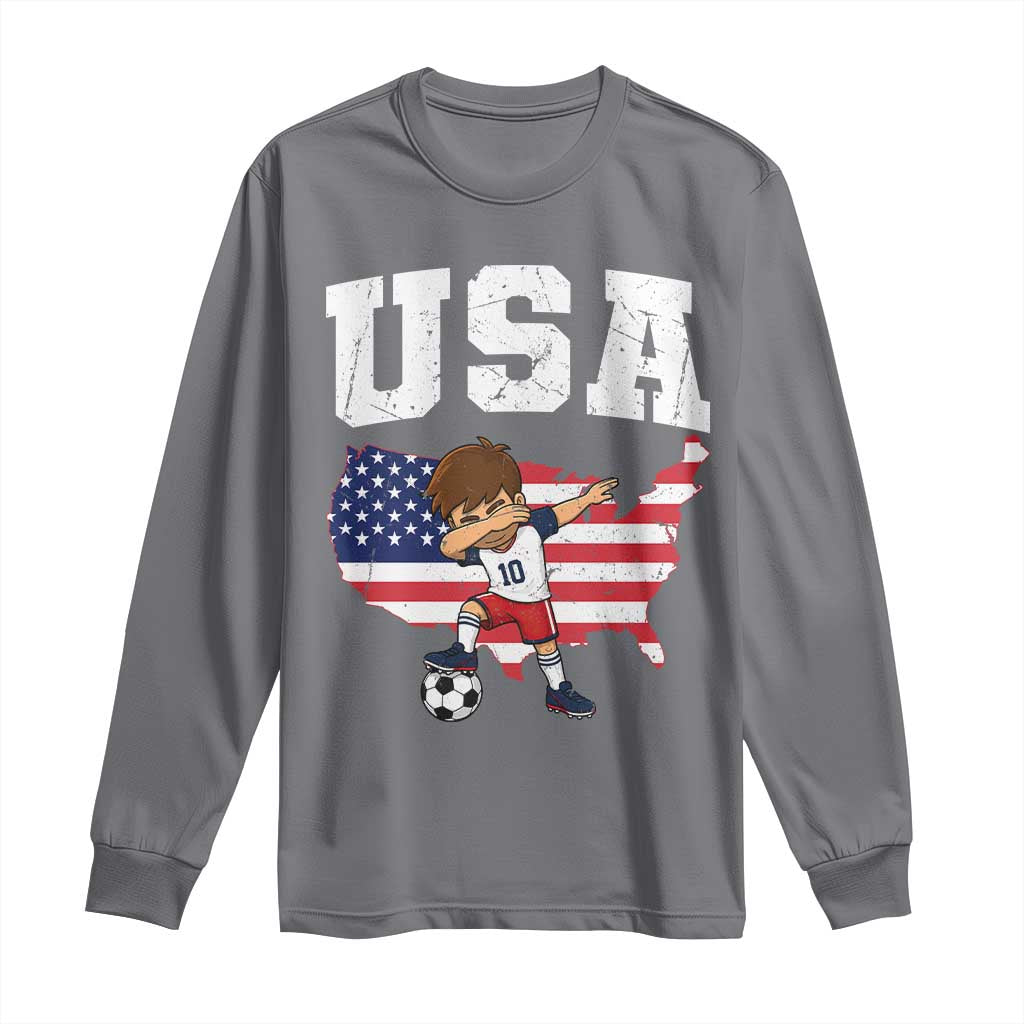 USA Soccer Dabbing Boy American Flag Fan Long Sleeve Shirt