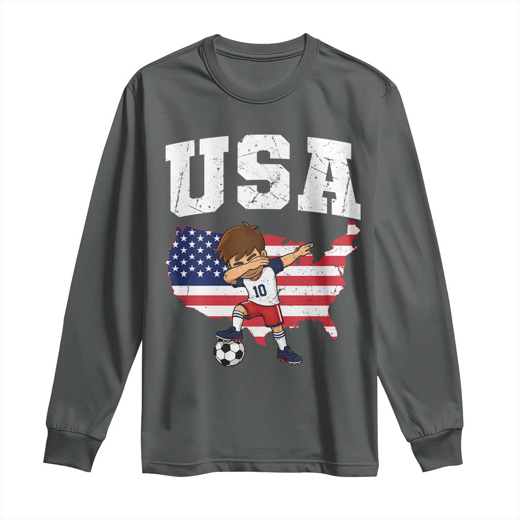 USA Soccer Dabbing Boy American Flag Fan Long Sleeve Shirt