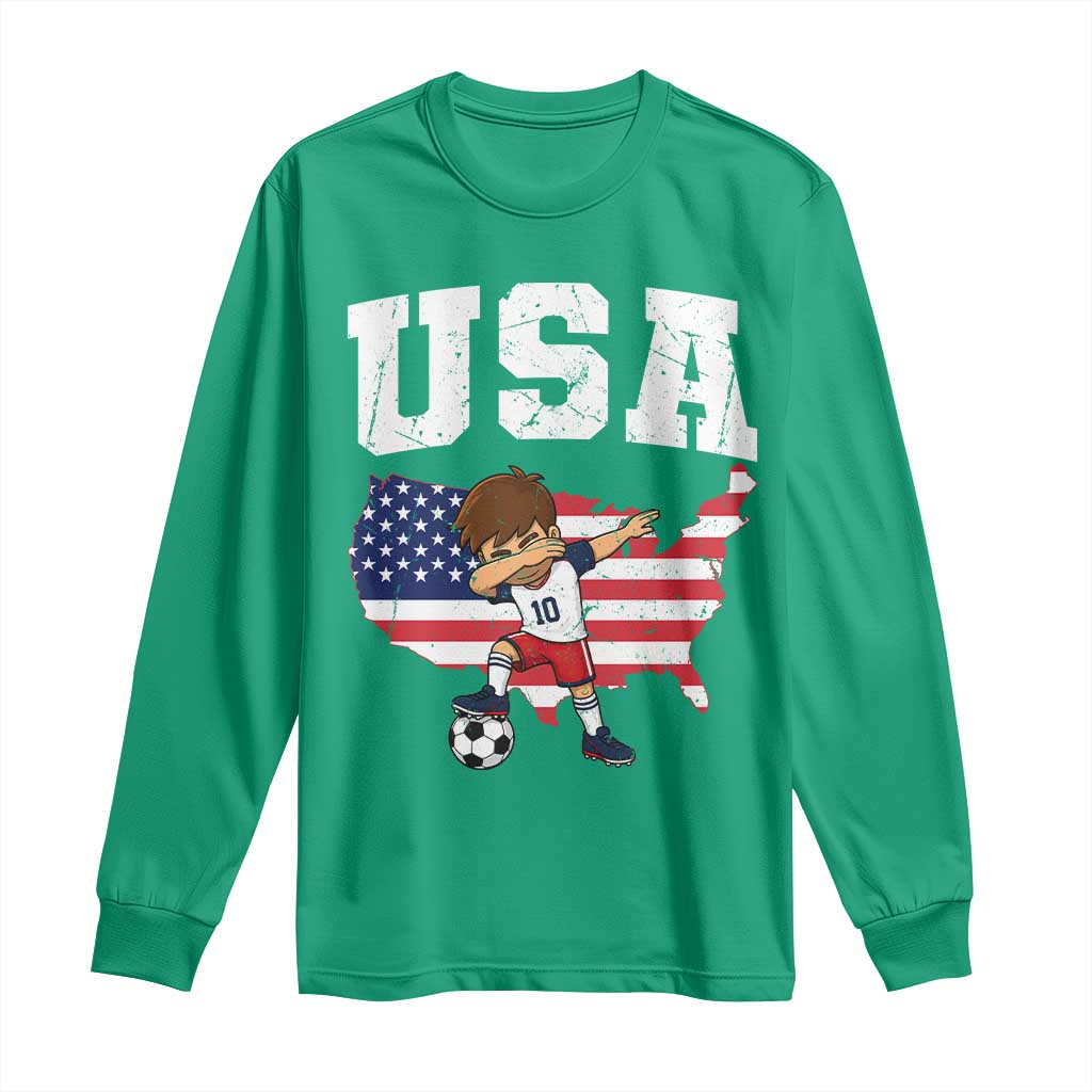 USA Soccer Dabbing Boy American Flag Fan Long Sleeve Shirt