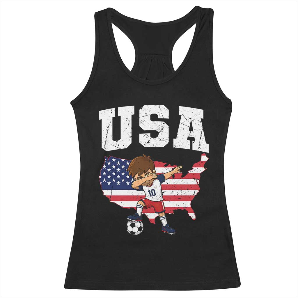 USA Soccer Dabbing Boy American Flag Fan Racerback Tank Top