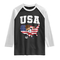 USA Soccer Dabbing Boy American Flag Fan Raglan Shirt