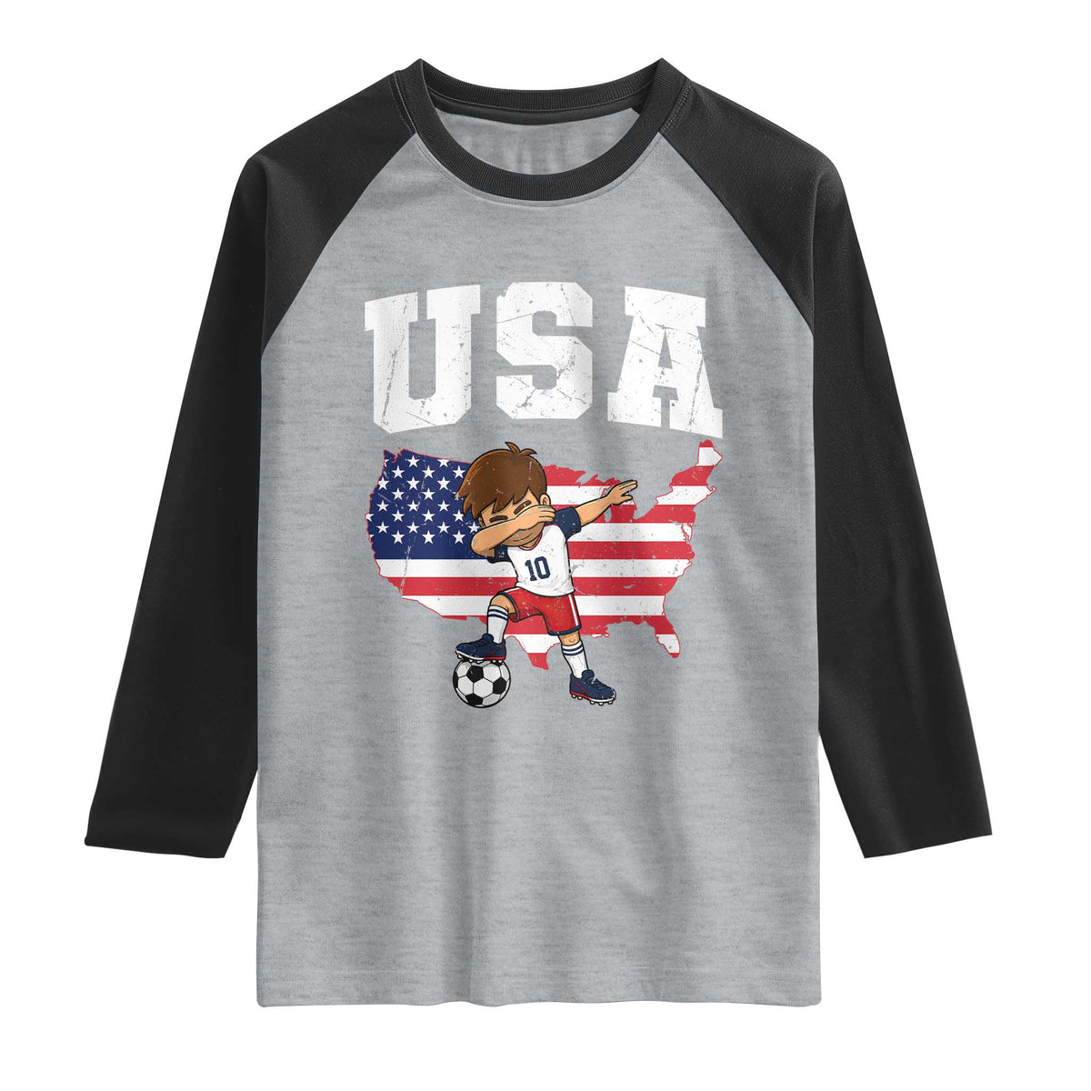 USA Soccer Dabbing Boy American Flag Fan Raglan Shirt