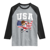 USA Soccer Dabbing Boy American Flag Fan Raglan Shirt