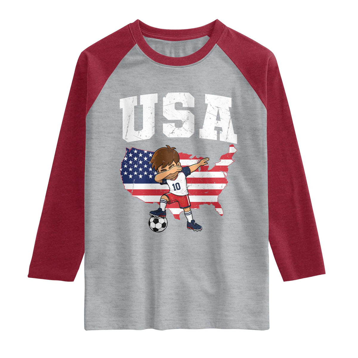USA Soccer Dabbing Boy American Flag Fan Raglan Shirt