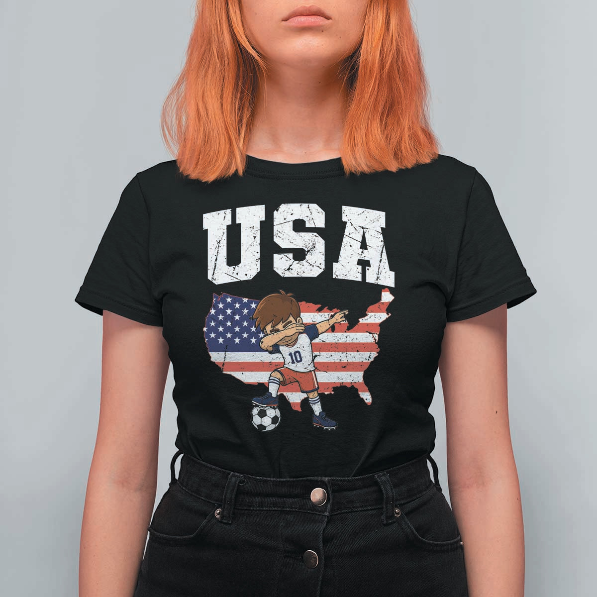 USA Soccer Dabbing Boy American Flag Fan T Shirt For Women