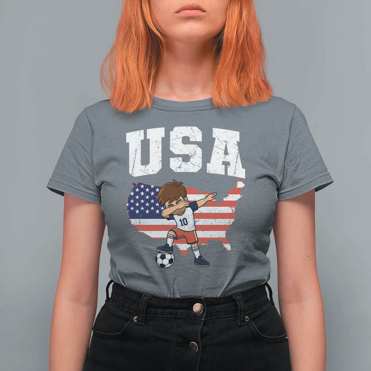 USA Soccer Dabbing Boy American Flag Fan T Shirt For Women