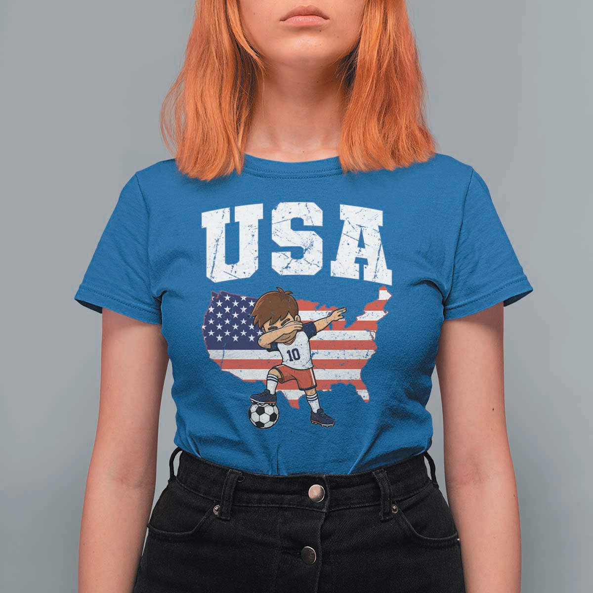 USA Soccer Dabbing Boy American Flag Fan T Shirt For Women
