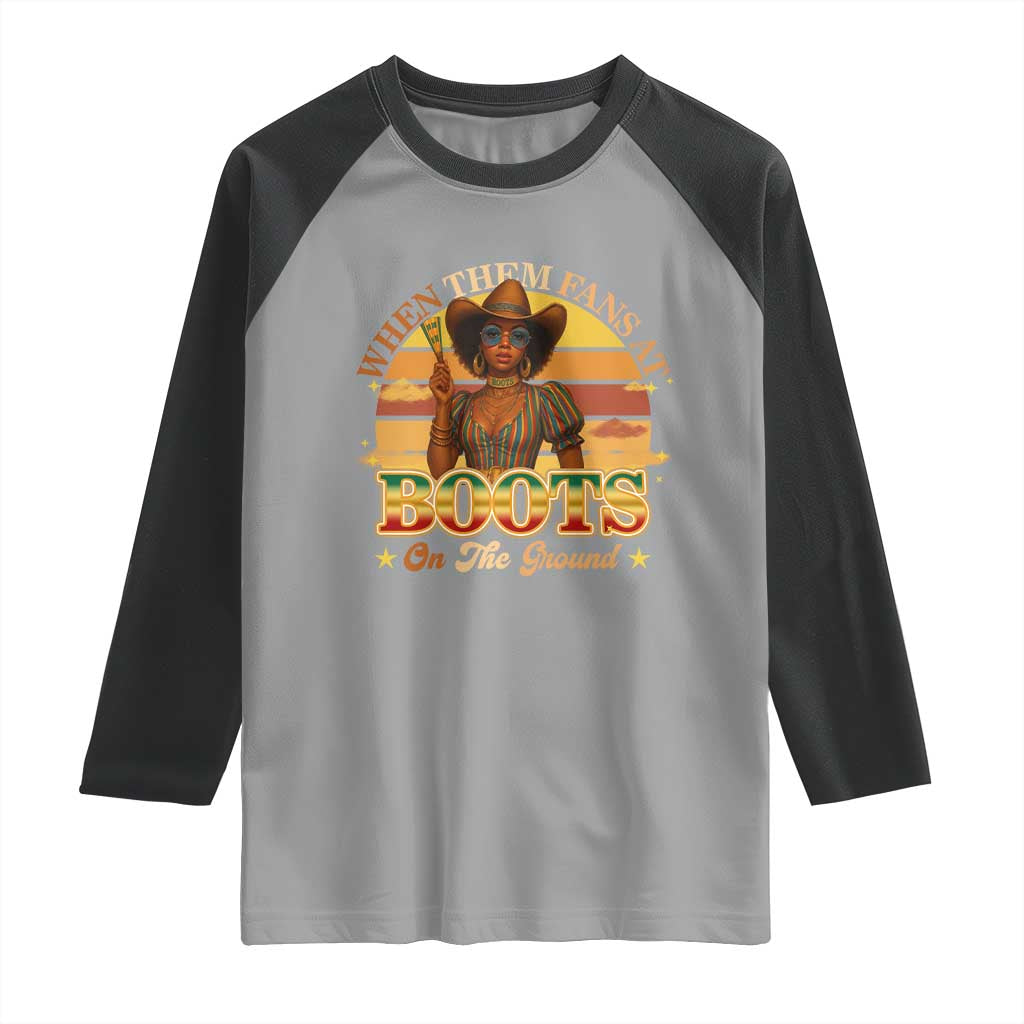 Black Cowgirl Rodeo Raglan Shirt Where Them Fans At Boots On Da Ground - Wonder Print Shop