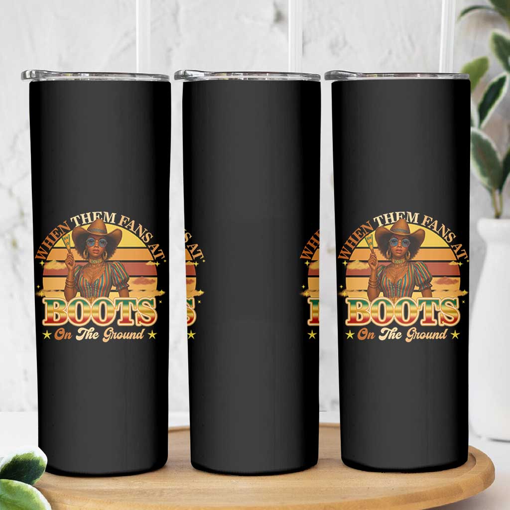 Black Cowgirl Rodeo Skinny Tumbler Where Them Fans At Boots On Da Ground