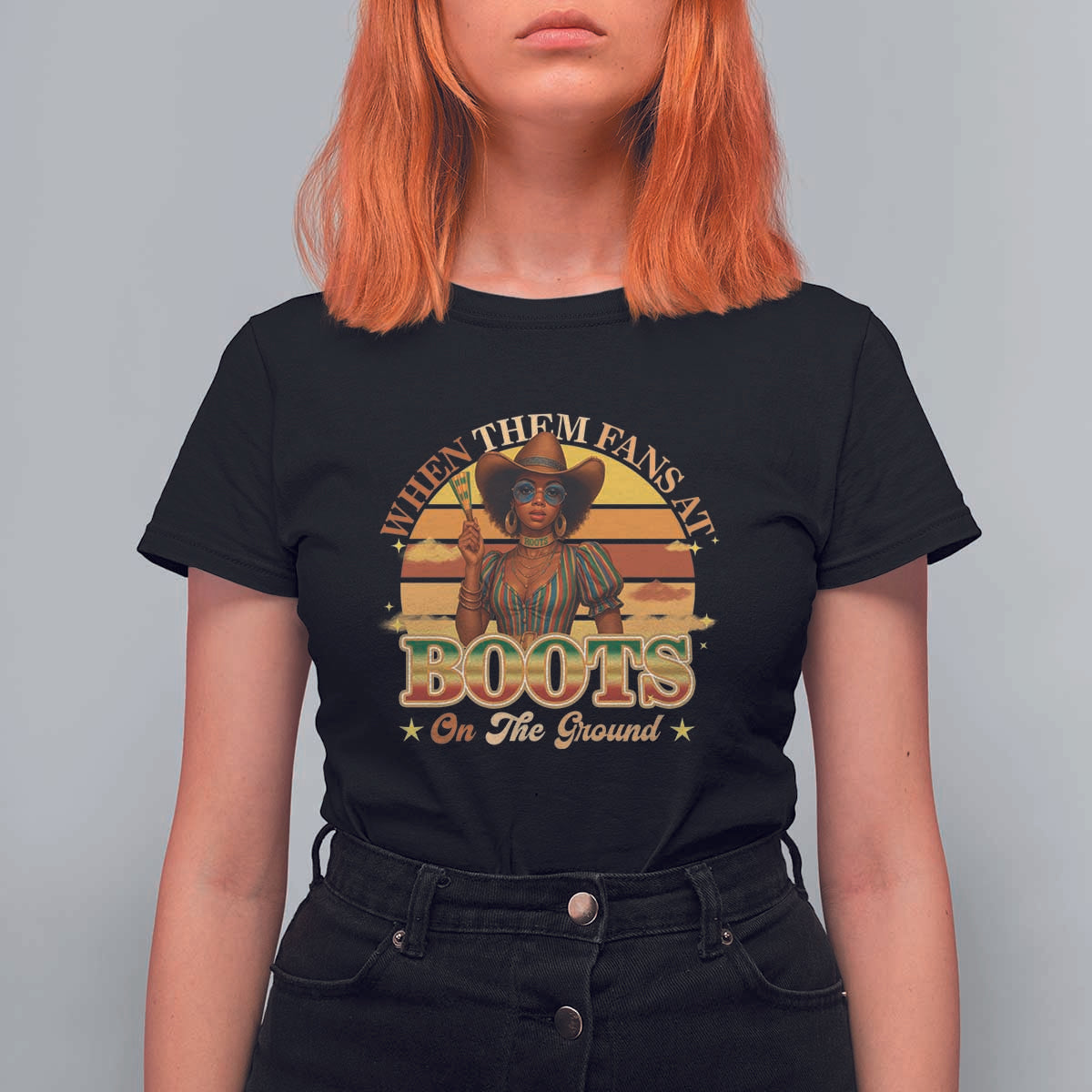 Black Cowgirl Rodeo T Shirt For Women Where Them Fans At Boots On Da Ground - Wonder Print Shop