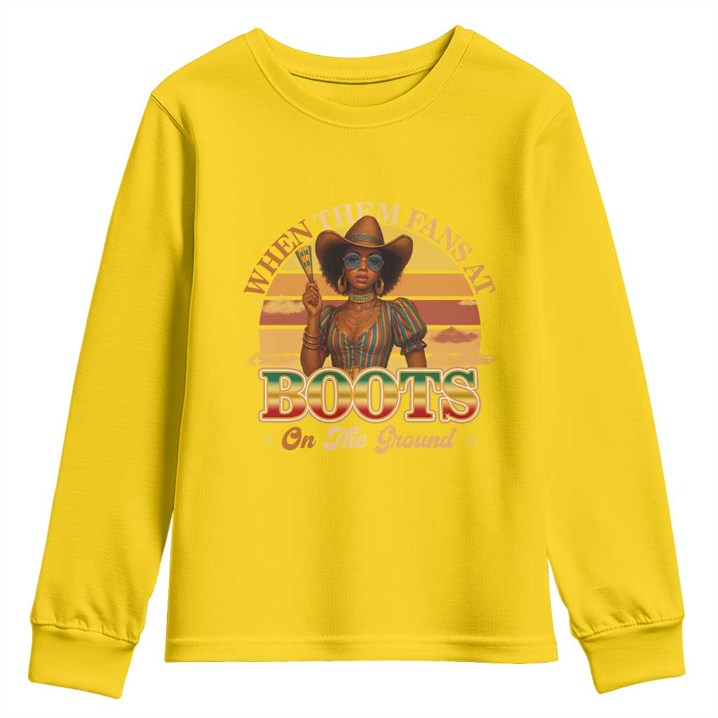 Black Cowgirl Rodeo Youth Sweatshirt Where Them Fans At Boots On Da Ground - Wonder Print Shop