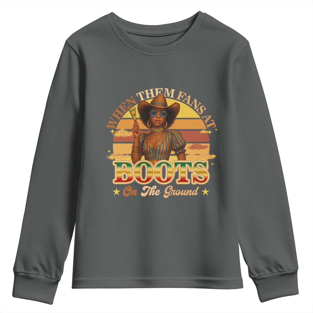 Black Cowgirl Rodeo Youth Sweatshirt Where Them Fans At Boots On Da Ground - Wonder Print Shop