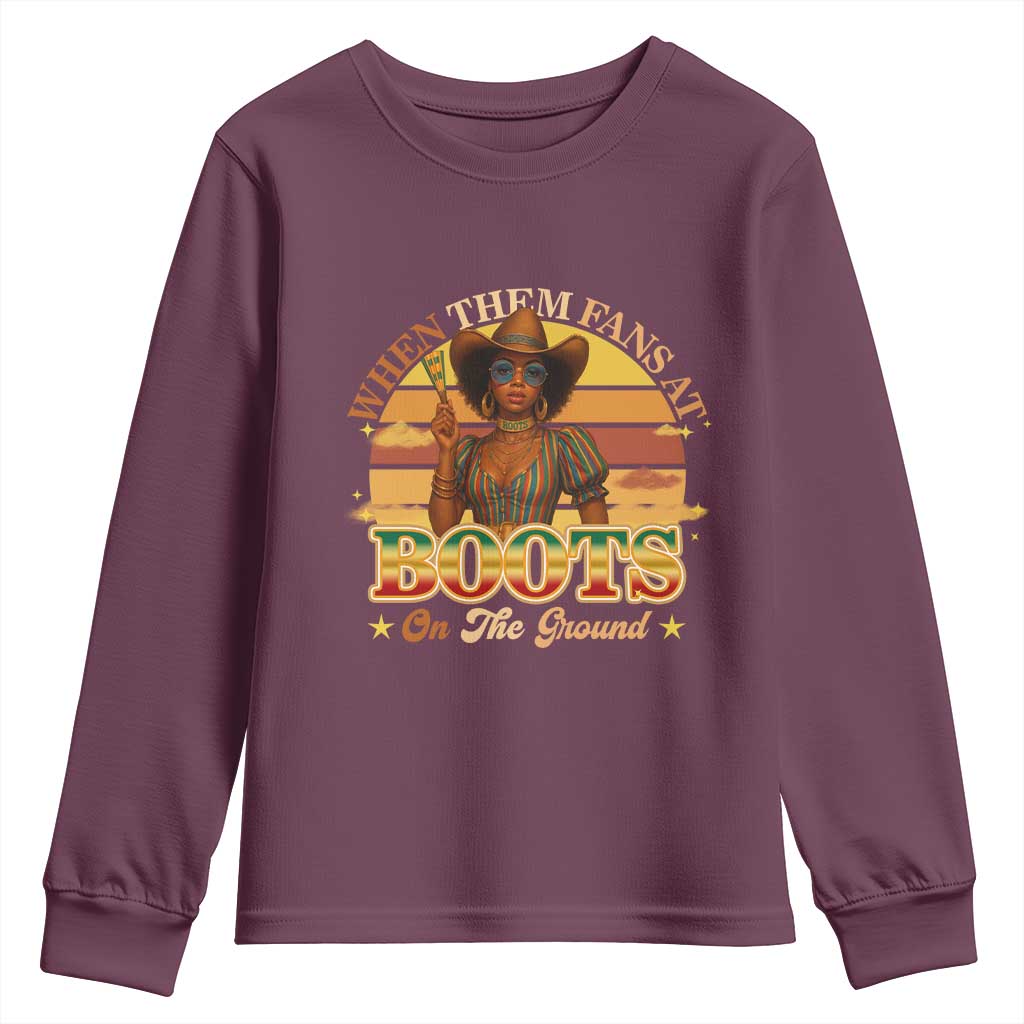 Black Cowgirl Rodeo Youth Sweatshirt Where Them Fans At Boots On Da Ground - Wonder Print Shop