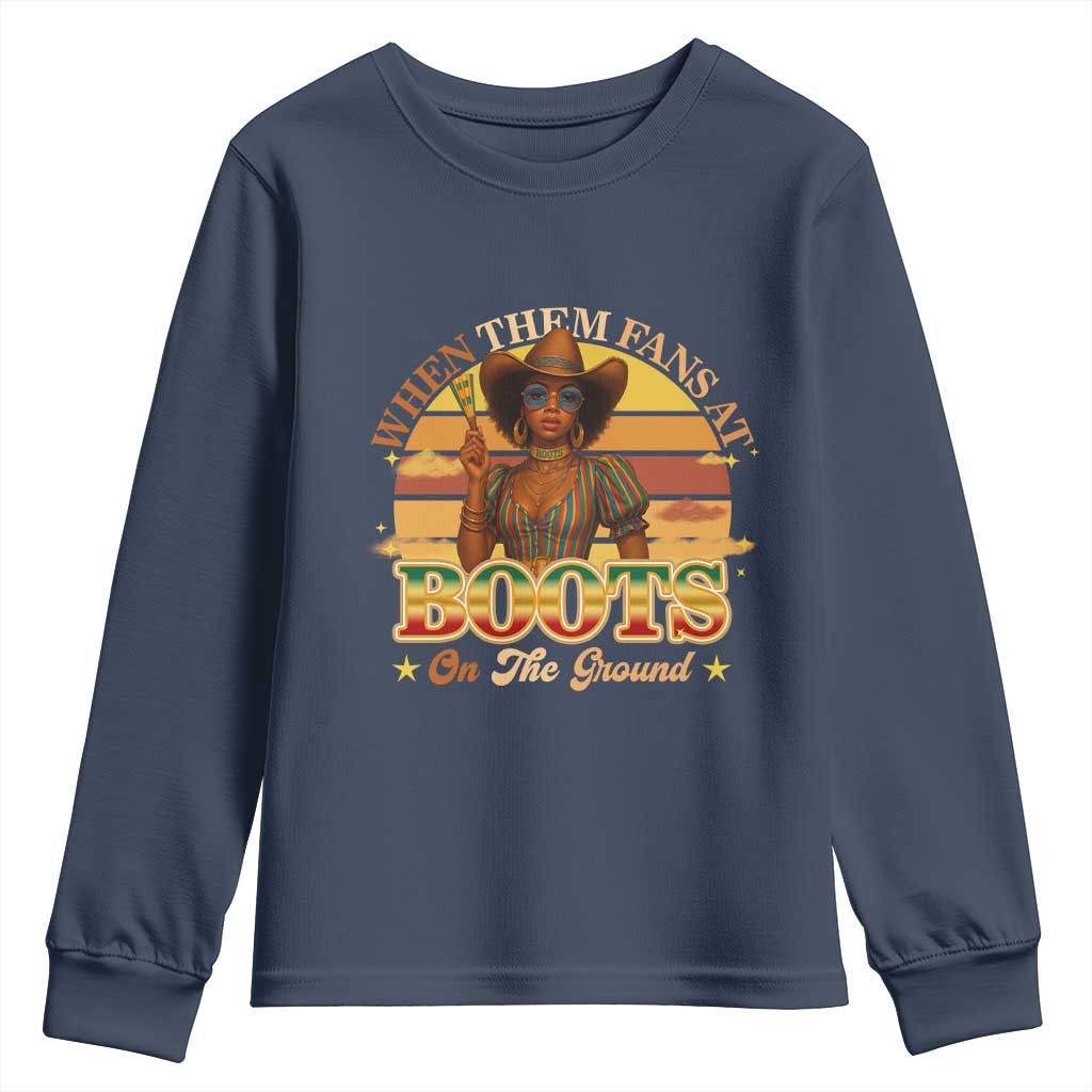 Black Cowgirl Rodeo Youth Sweatshirt Where Them Fans At Boots On Da Ground - Wonder Print Shop
