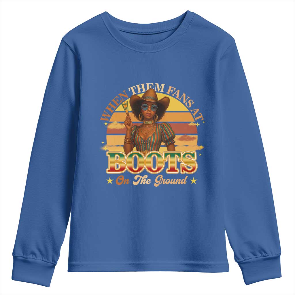 Black Cowgirl Rodeo Youth Sweatshirt Where Them Fans At Boots On Da Ground - Wonder Print Shop